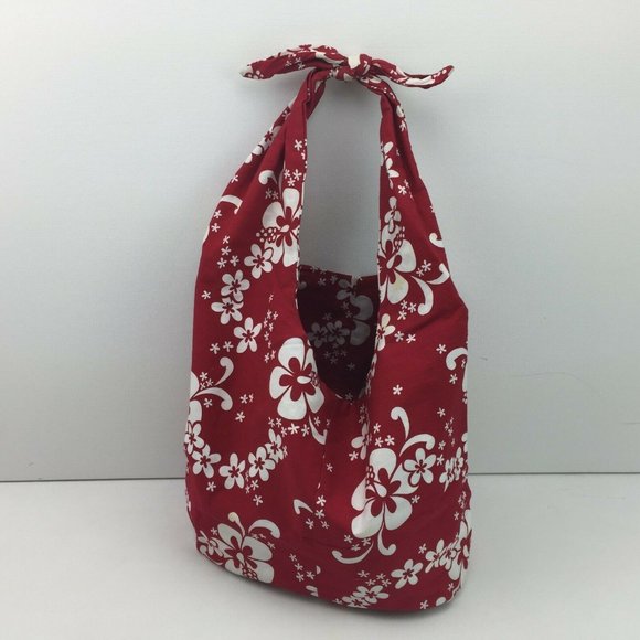 Handmade Red Hawaiian Flower Slouch Mini Tote Bag Boho Knotted Purse Scripture - Picture 2 of 9